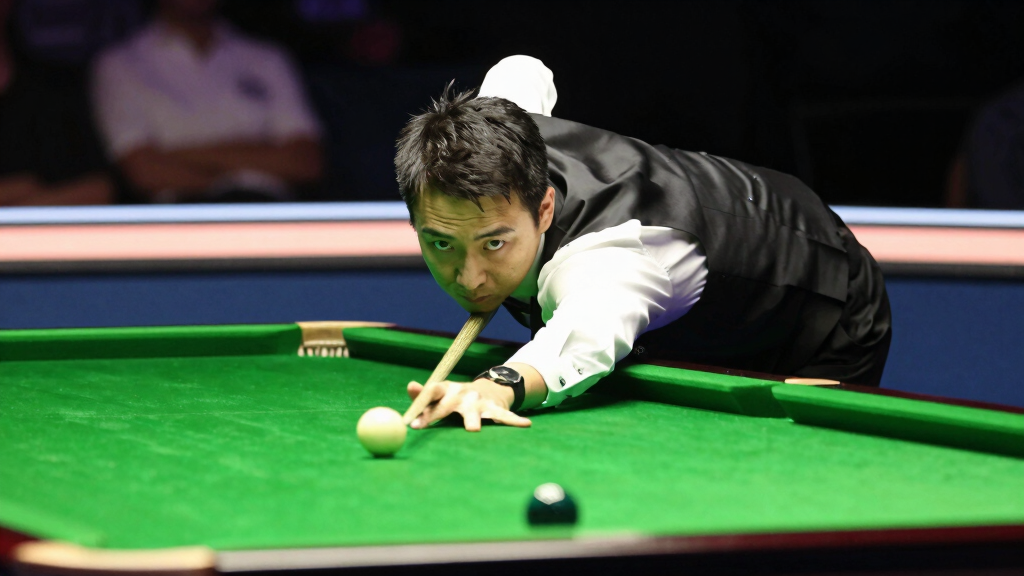 Professional snooker player in waistcoat taking a precise shot on green baize, professional tournament lighting
