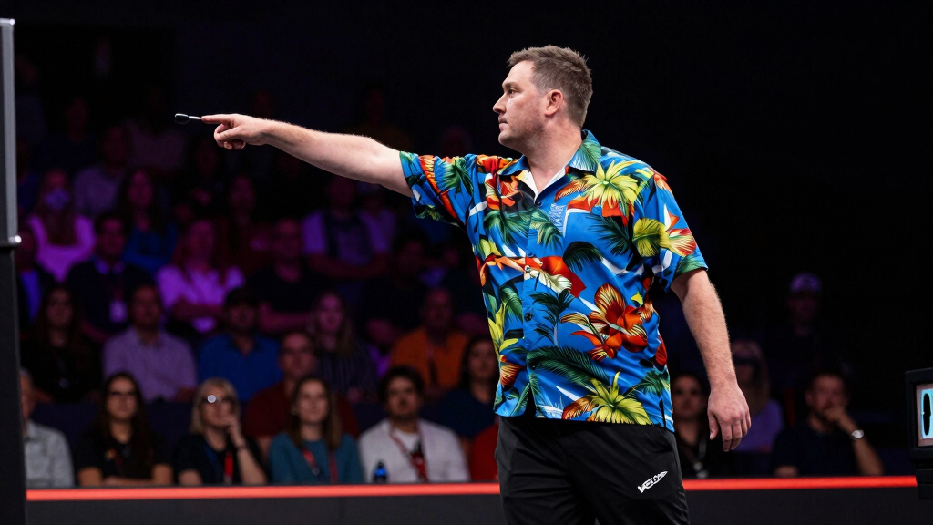 Darts player in colourful Hawaiian shirt throwing at the oche in a PDC arena