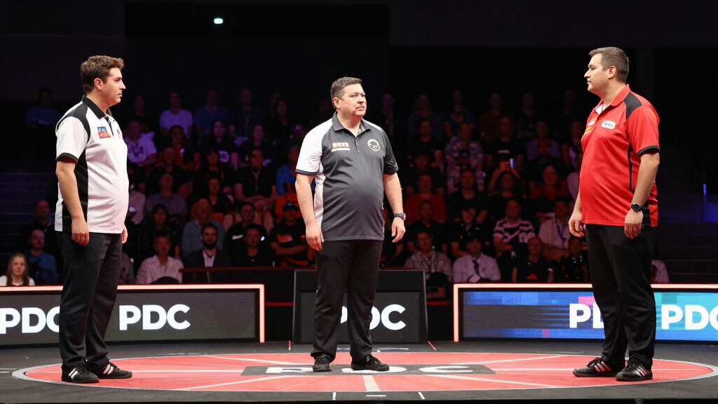 PDC darts event stage with players competing under professional arena lighting