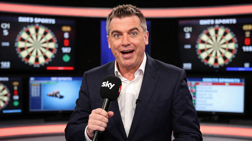 Darts commentator in Sky Sports studio with broadcast monitors during live darts coverage