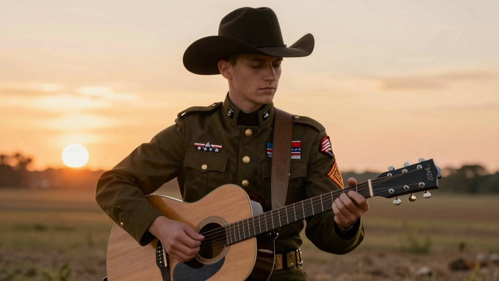 Young military musician playing guitar outdoors at sunset