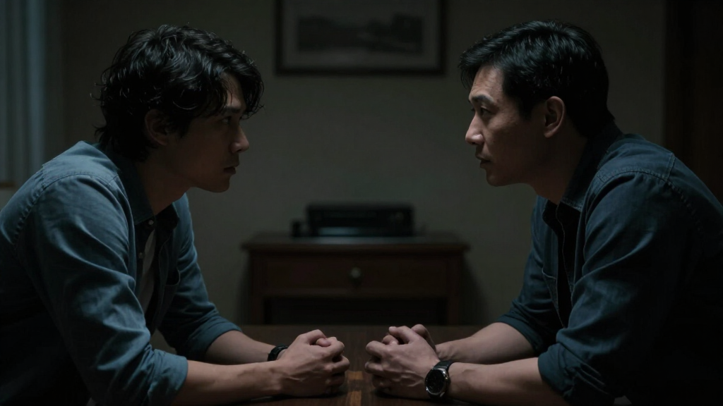 An emotional father-son confrontation in a dramatic thriller setting — Adam Scott's dramatic range in The Whisper Man (2026)