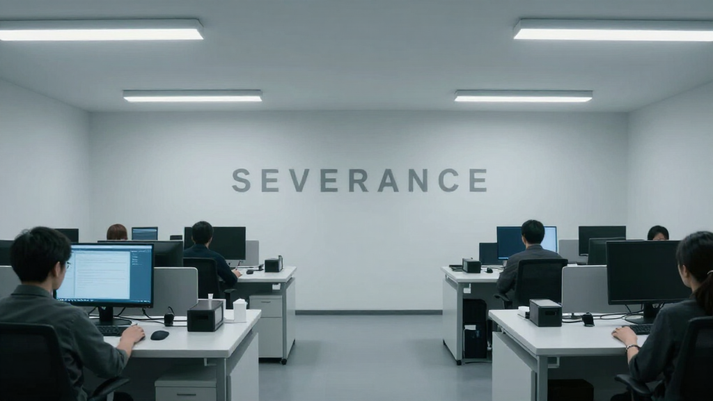 Dystopian corporate office environment inspired by Severance — Adam Scott's breakout Apple TV+ role as Mark Scout
