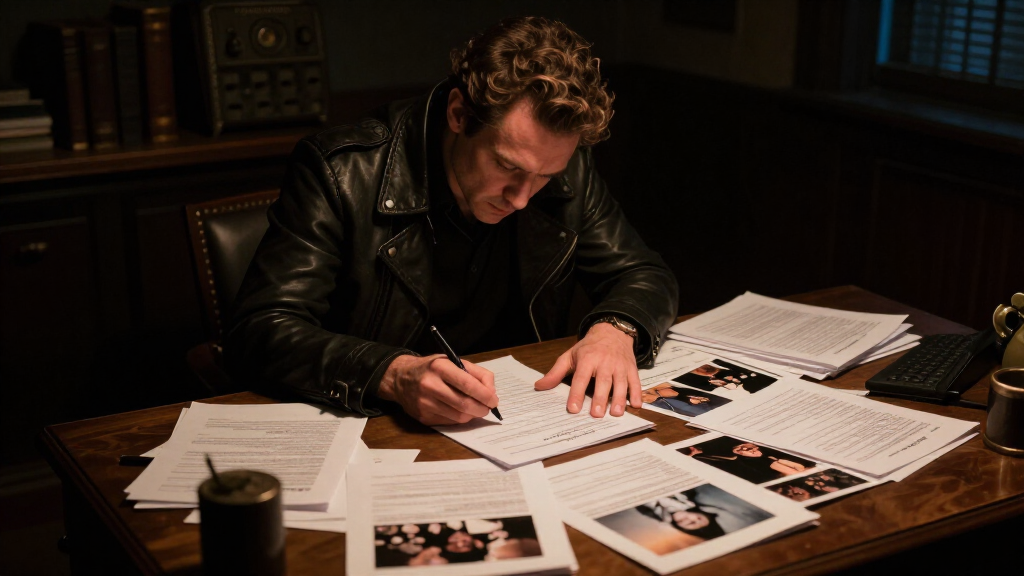 A crime fiction writer reviewing mysterious case files in a noir thriller setting — inspired by Adam Scott's role in The Whisper Man (2026)
