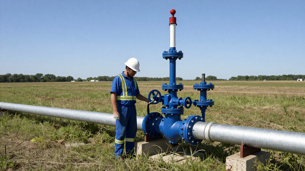 Pipeline worker in hard hat and safety gear at natural gas pipeline in rural Illinois