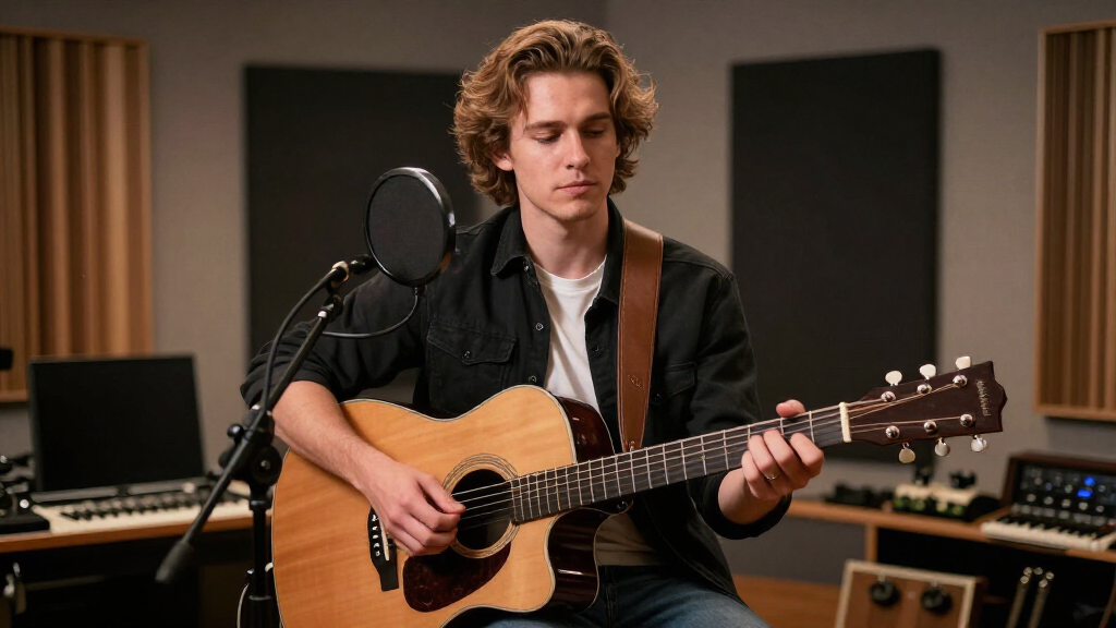 Young male country singer recording music in modern Nashville studio