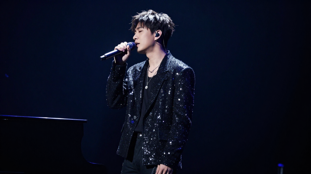 Young male pop singer performing solo on arena stage piano spotlight emotional ballad concert