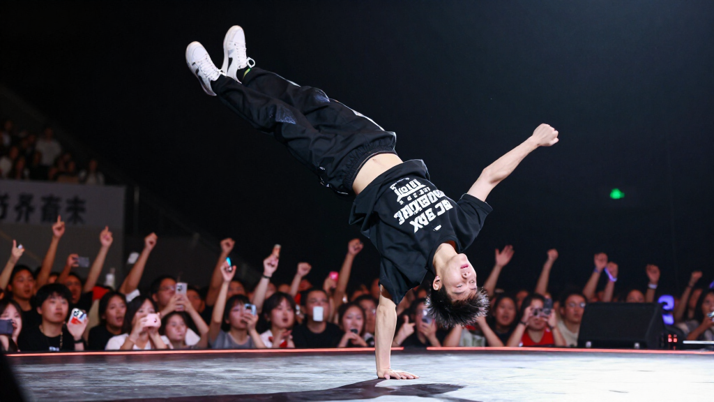 Young male pop star performing backflip athletic stunt on stage concert crowd cheering