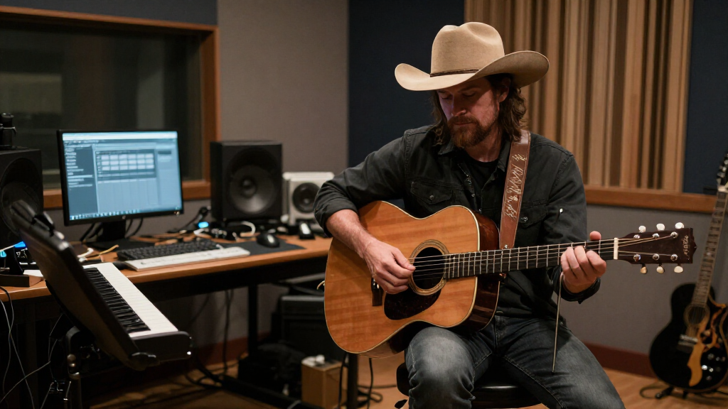 Country musician recording in studio with guitar