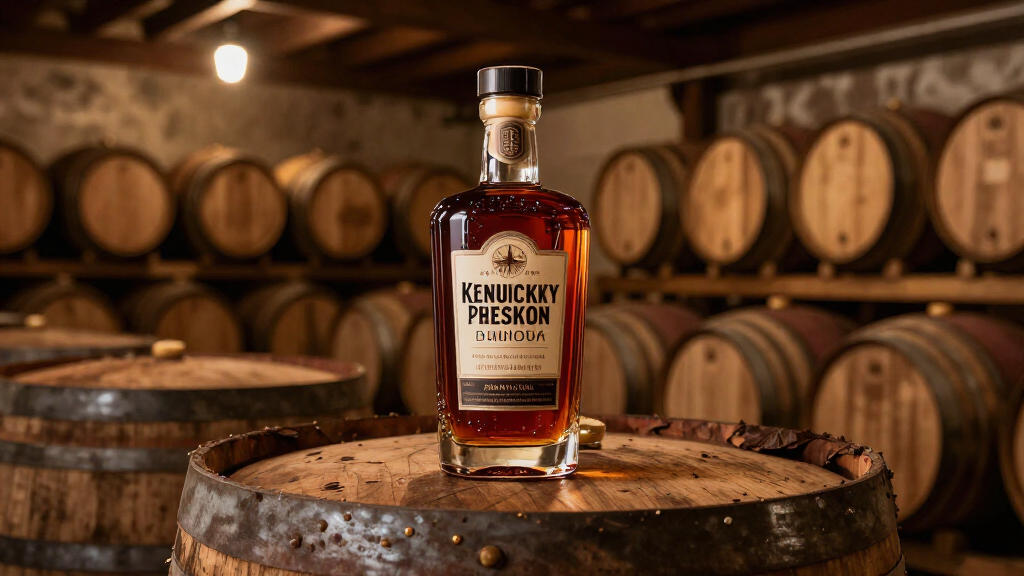 Rustic Kentucky bourbon distillery with aging barrels and warm amber lighting