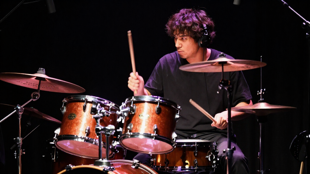 Rock drummer performing with intense focus on full drum kit, concert spotlights