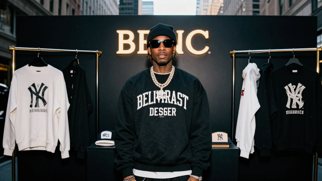 Rap artist at luxury brand ambassador event, designer streetwear, urban cinematic backdrop