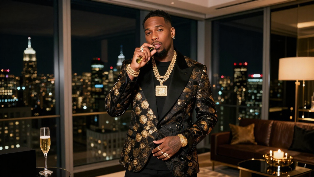 Wealthy rapper in luxury penthouse with city skyline at night, gold and black aesthetic