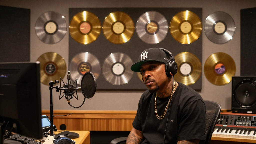 Gold and platinum records covering a music studio wall, hip-hop mogul atmosphere