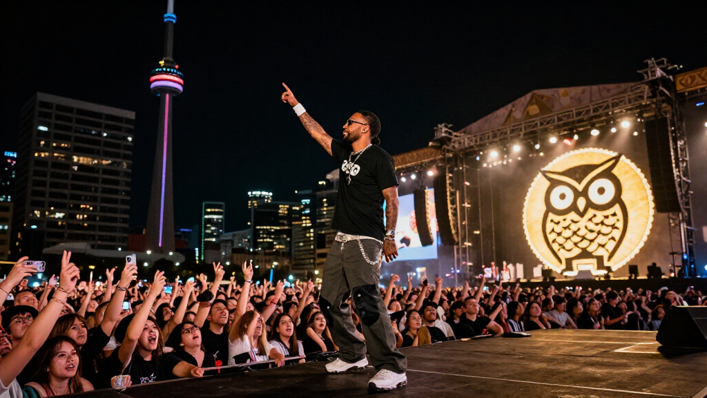 Hip-hop superstar performing at a massive Toronto stadium concert with OVO branding