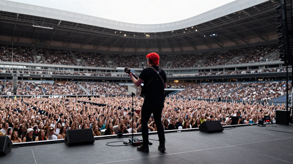 Singer-songwriter performing acoustic guitar concert for massive crowd
