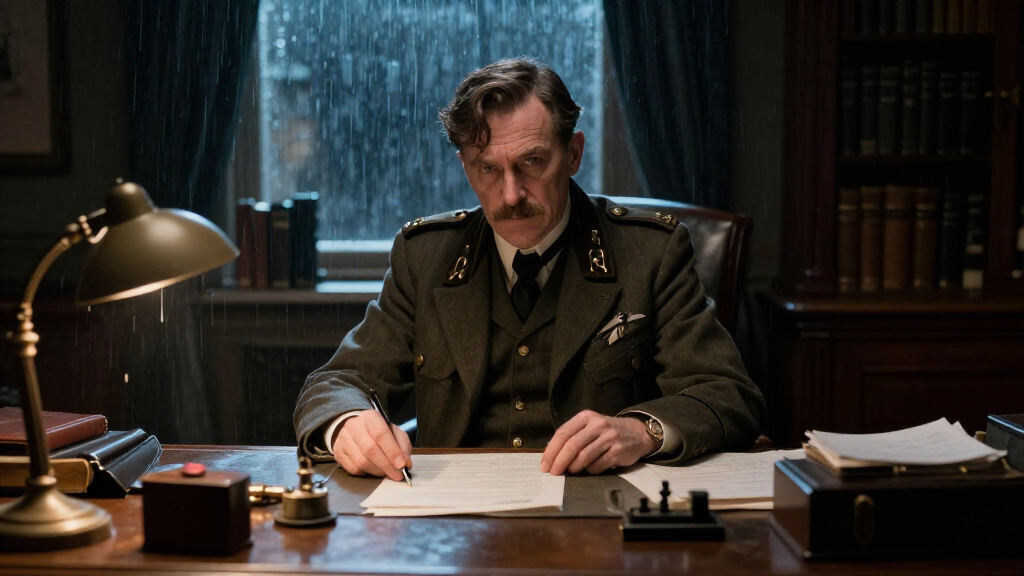 British intelligence officer at cluttered desk spy thriller atmosphere London