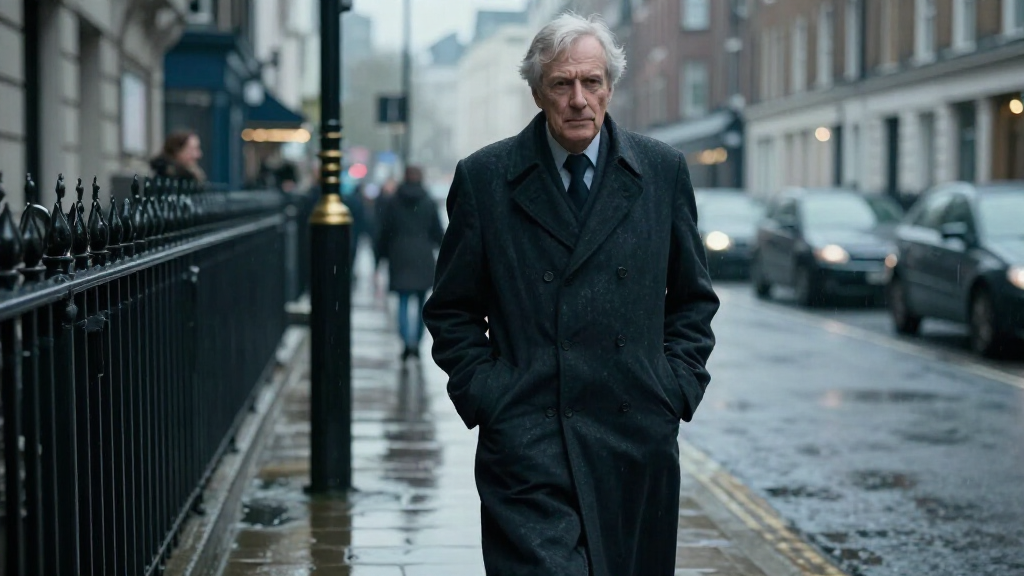 Distinguished older British actor in dark overcoat walking rainy London street