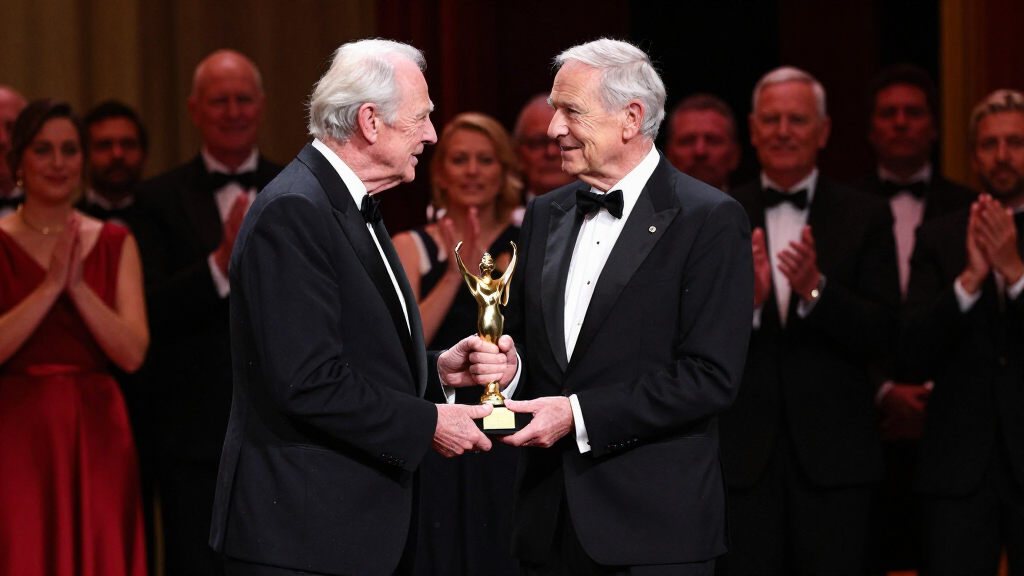 Veteran British actor receiving prestigious award on stage standing ovation