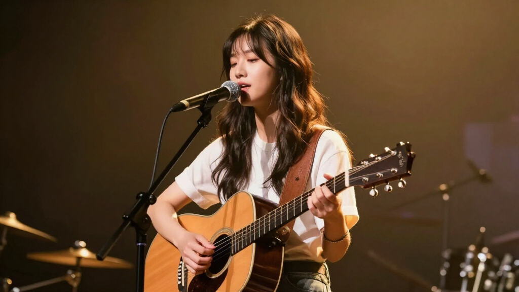 Young female indie pop singer performing intimate venue concert acoustic guitar stage warm lighting