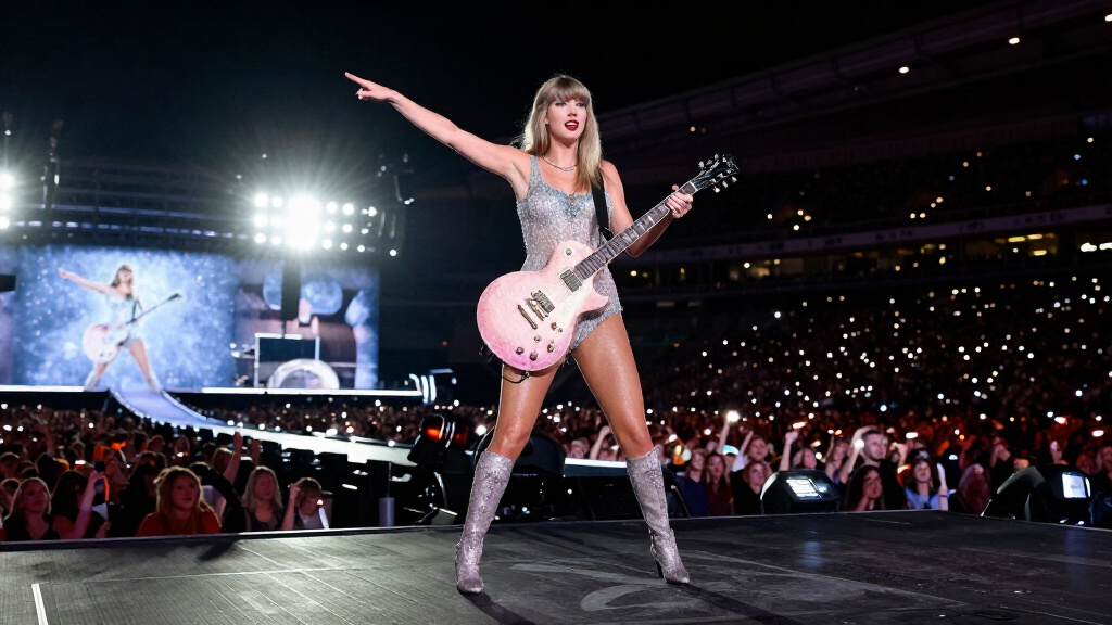 Taylor Swift opening act concert arena massive crowd tour support young female artist stage lights