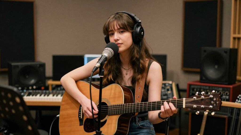 Young female singer songwriter music studio recording bedroom lo-fi indie pop acoustic session