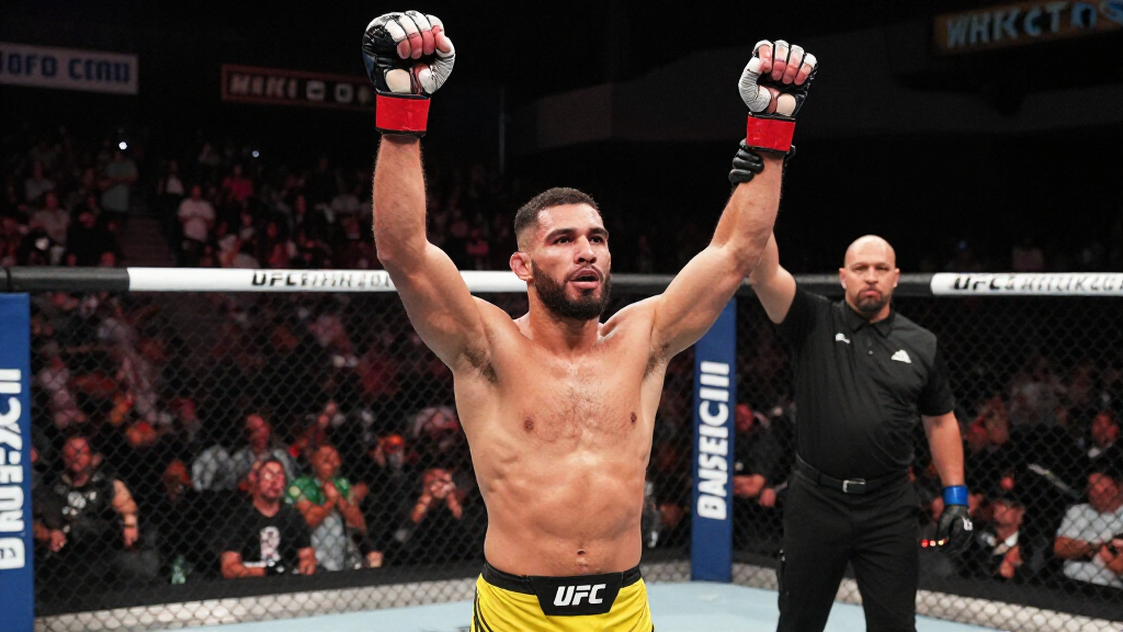 Islam Makhachev raising hands in victory