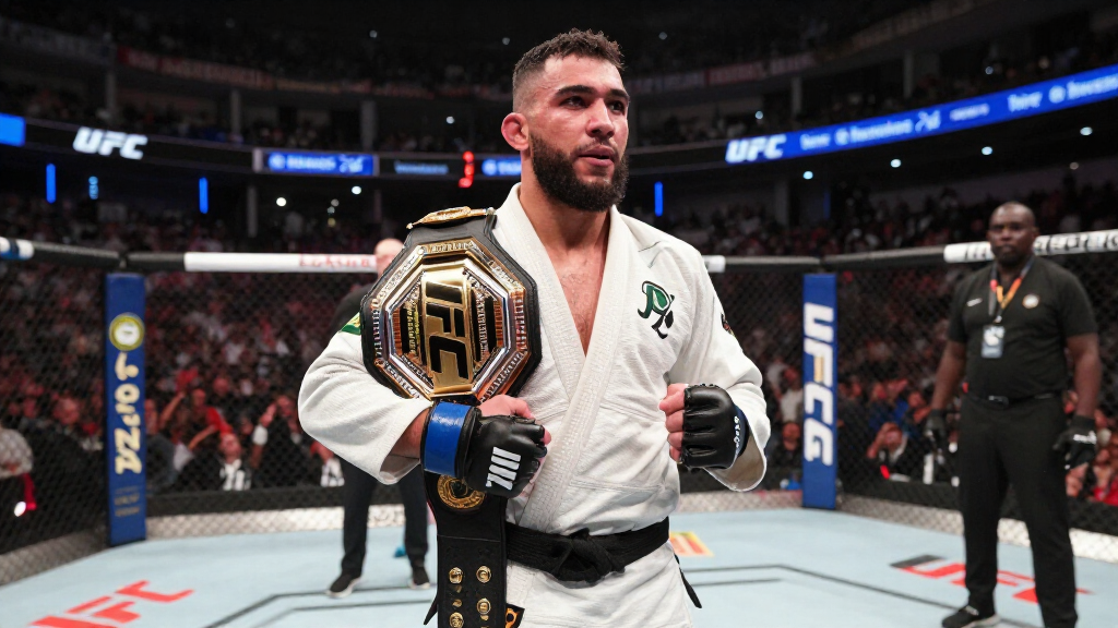 Islam Makhachev celebrating a UFC championship victory