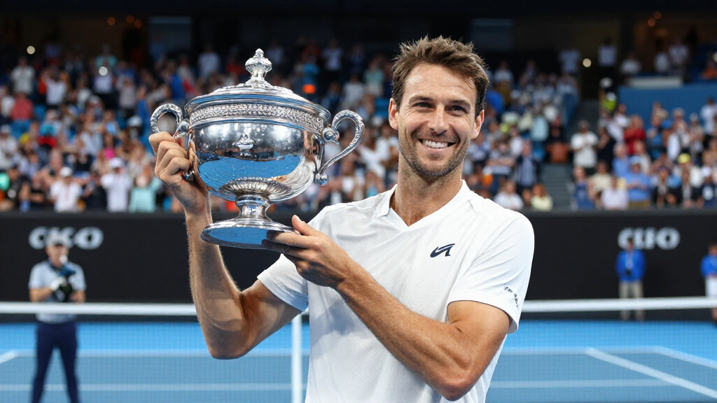 Jannik Sinner holding Grand Slam trophy Australian Open champion celebration