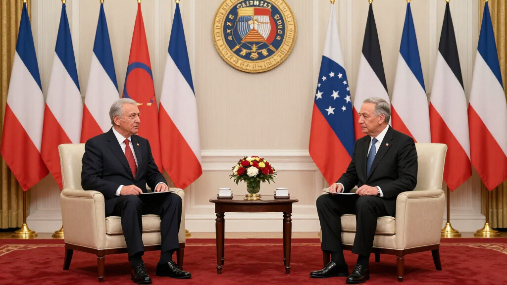 Two world leaders at a Cold War diplomatic summit — inspired by the historic Reagan-Gorbachev meeting at Reykjavik in 1986