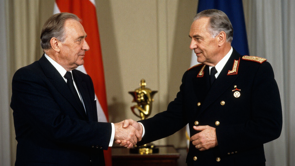 An actor portraying Soviet leader Mikhail Gorbachev at the 1986 Reykjavik Cold War summit