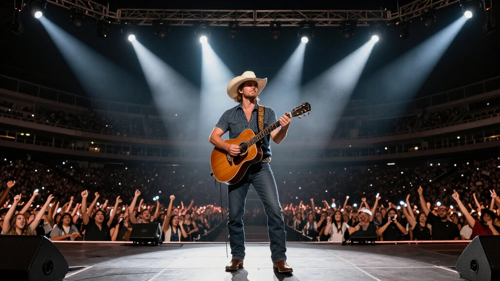 Jason Aldean performing on stage with electric guitar at a massive stadium concert