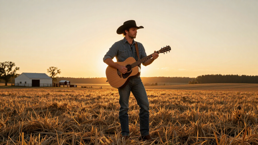 Country music artist in boots and denim standing in Southern countryside at sunset