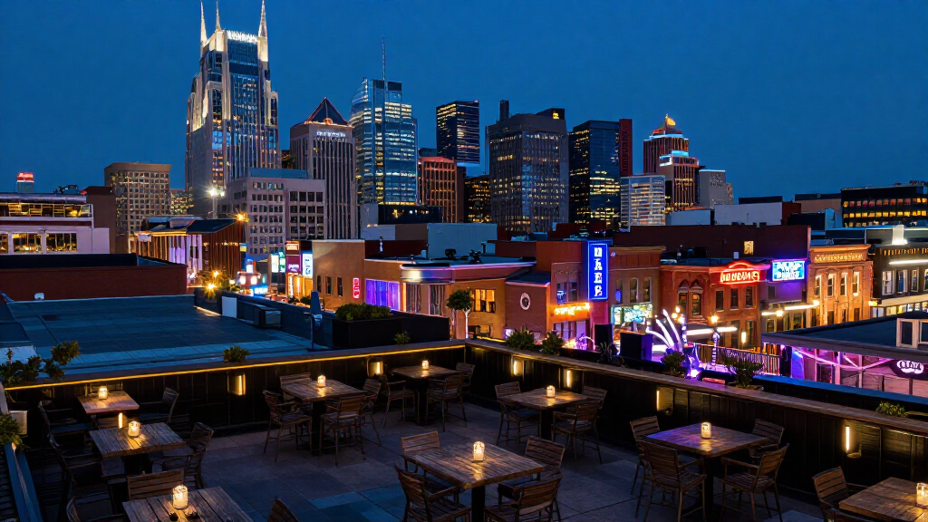Nashville rooftop bar and restaurant on Broadway with city skyline view