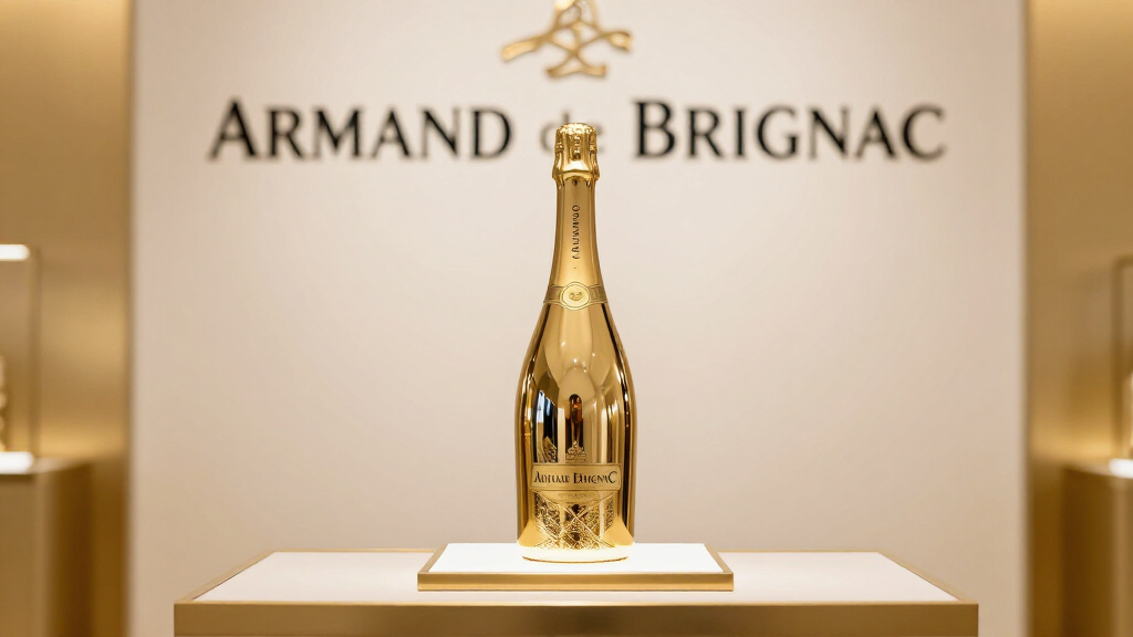 Gold champagne bottles at a luxury Armand de Brignac launch event with sophisticated branding