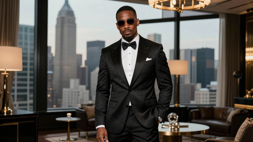 Hip-hop billionaire in a tailored suit at a luxury Manhattan penthouse with city skyline view