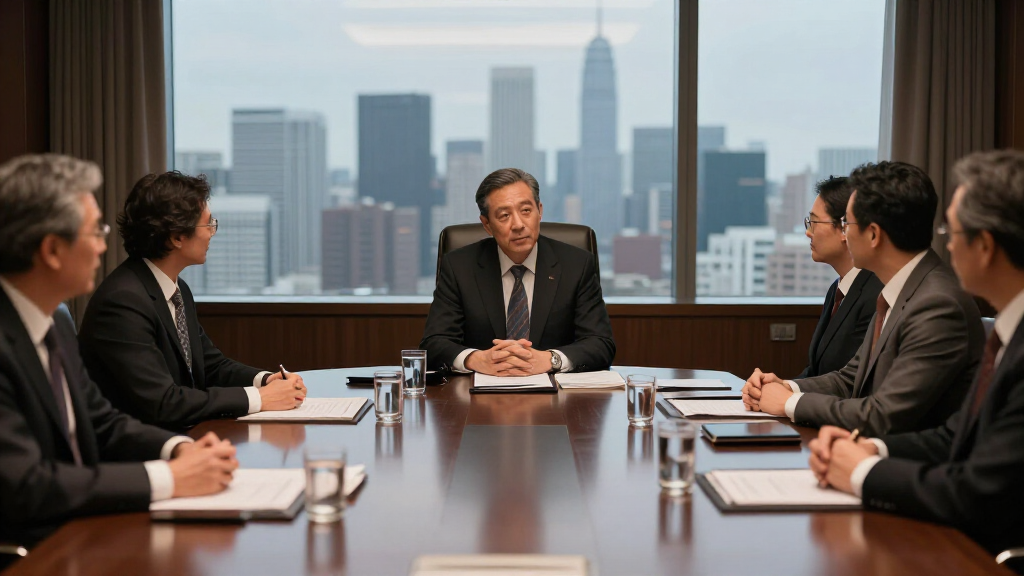 Music mogul at a luxury boardroom meeting, power and empire builder aesthetic
