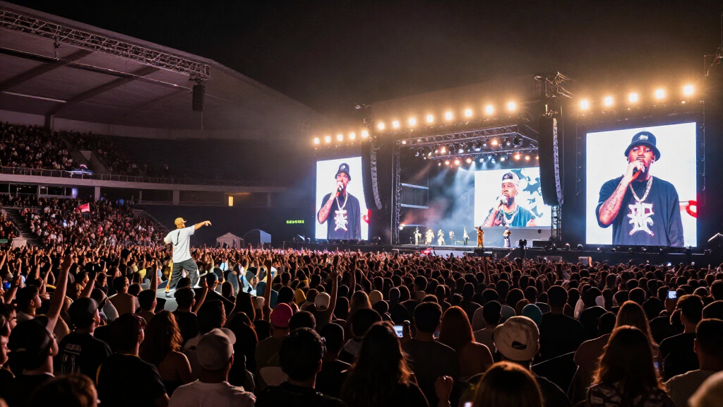 Legendary rapper performing at a sold-out stadium with massive crowd and enormous LED screens