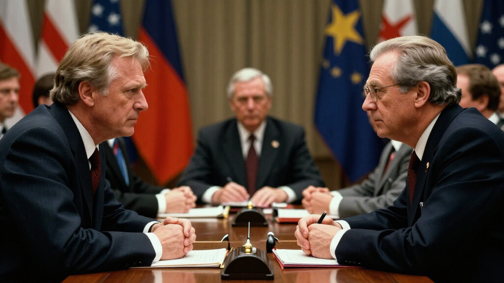 A dramatic Cold War diplomatic negotiation scene between two world leaders — inspired by the 1986 Reykjavik Summit in The Brink of War