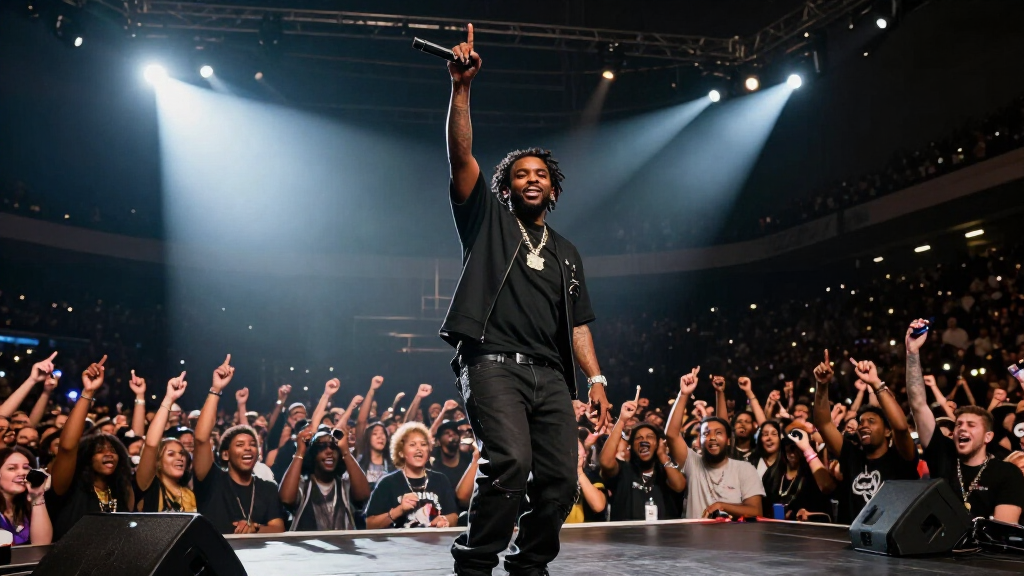 Kendrick Lamar performing on stage at a massive arena concert with dramatic spotlights