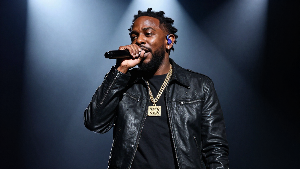Kendrick Lamar performing on stage under dramatic spotlight