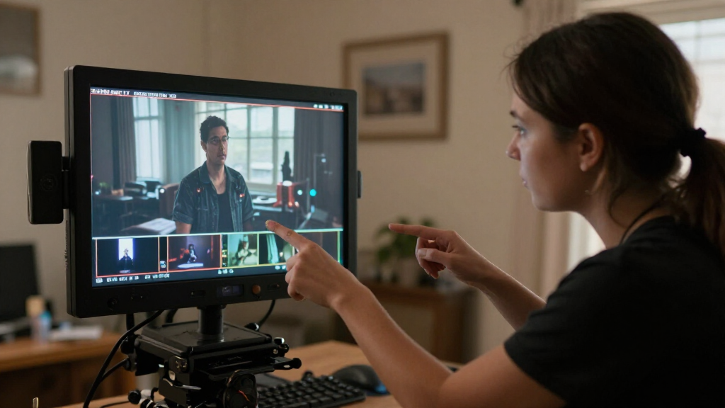 A filmmaker reviewing footage on a production monitor — Kristen Stewart has expanded into writing and producing with The Wrong Girls (2026)