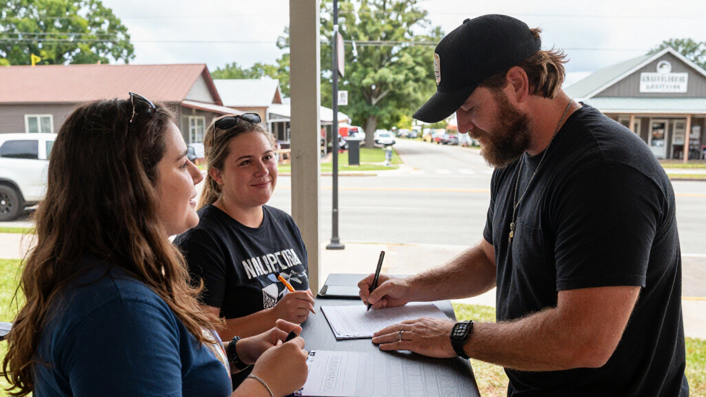 Country music singer meeting fans outside a concert venue with warm Southern backdrop