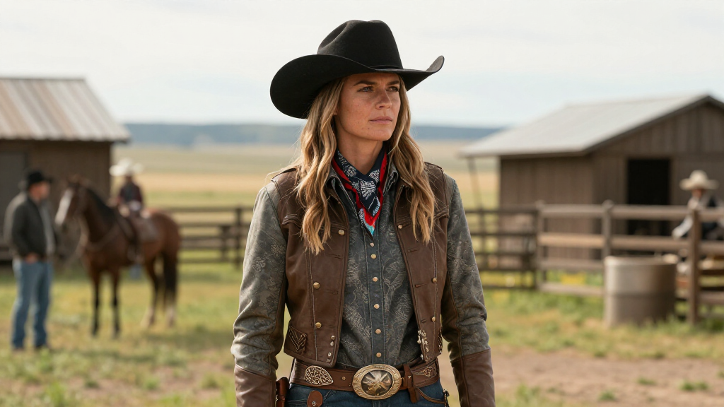 Country music star on set of Western TV drama in cowboy attire and ranch setting