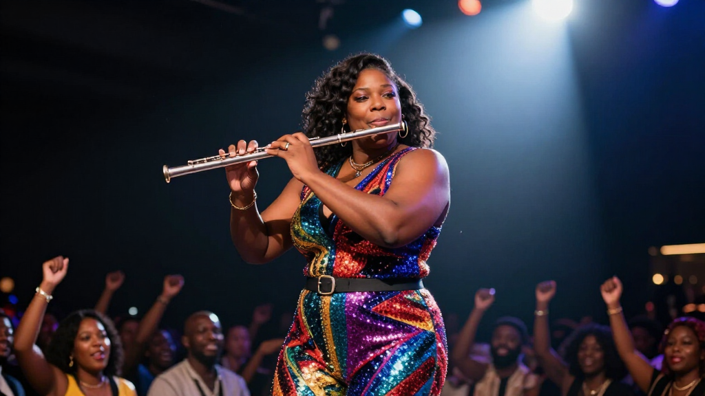 Lizzo performing on stage with flute