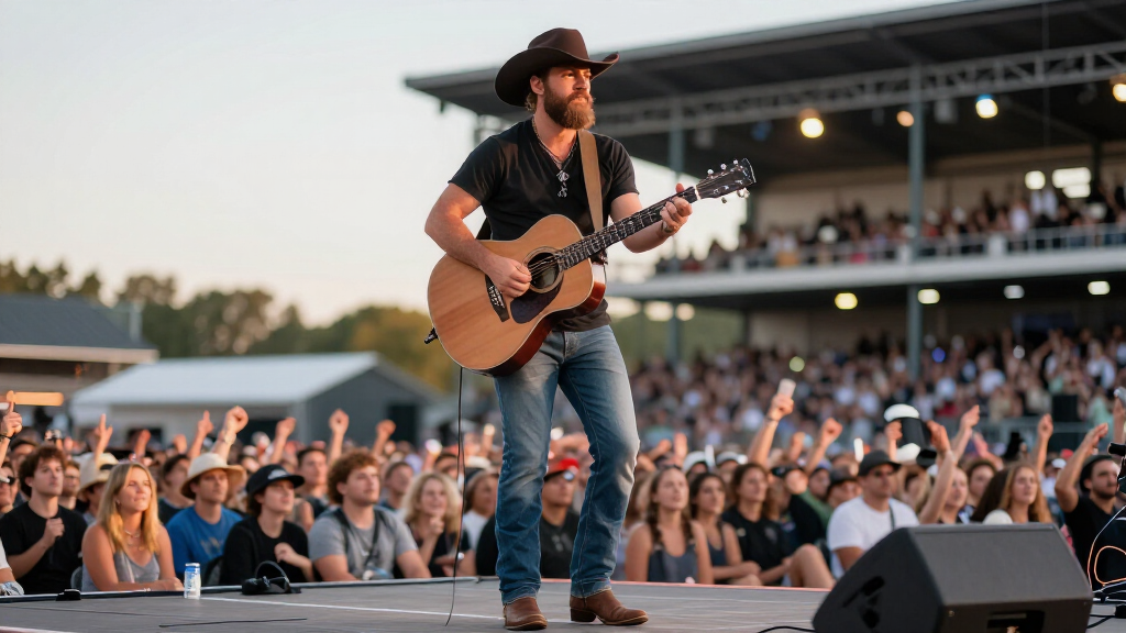 Country music stadium concert outdoor venue massive crowd beer hats boots