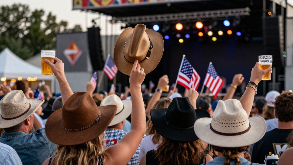 Country singer performing outdoor summer festival stage fans crowd waving