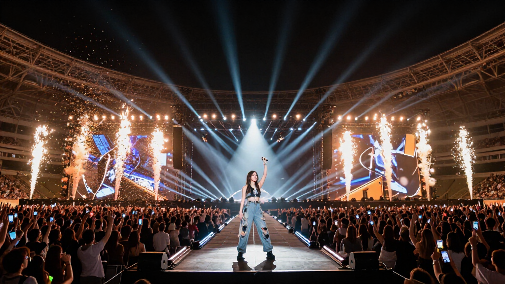 Pop star female singer performing on massive stadium stage with confetti and pyrotechnics