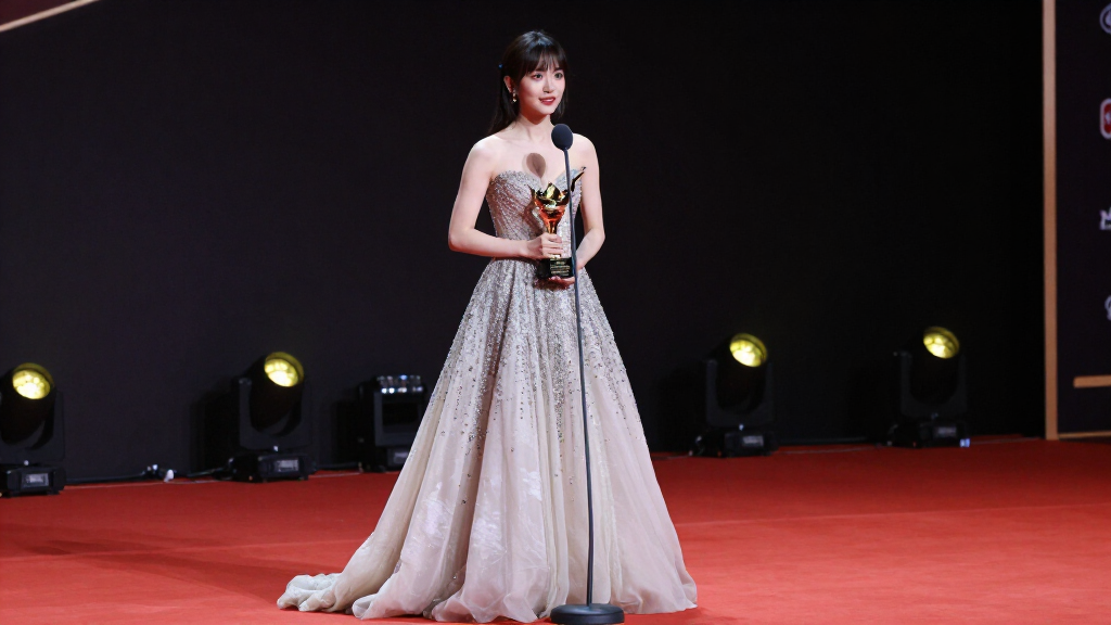 Female pop star at music awards ceremony with trophy and acceptance speech stage lights