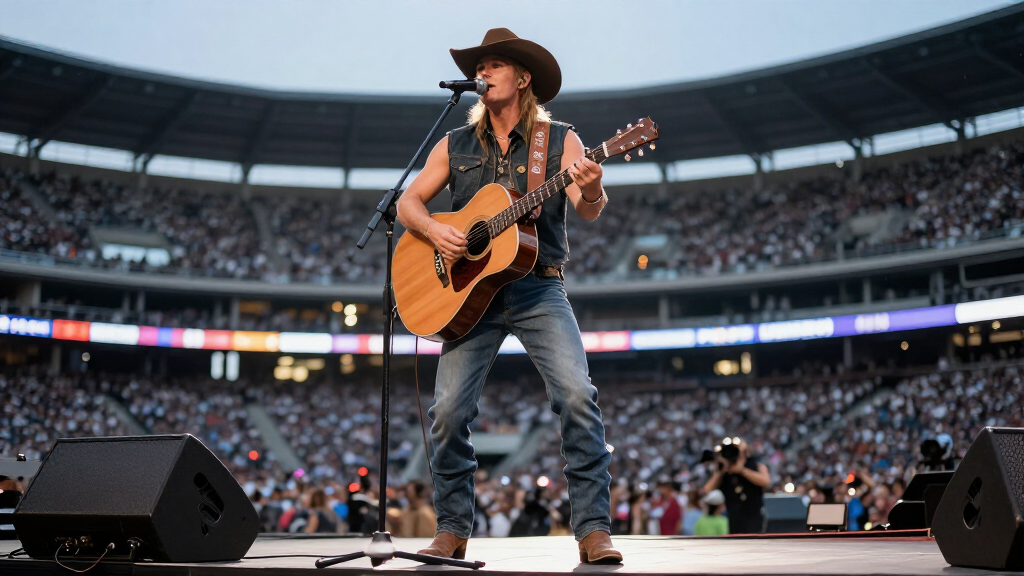 Country music singer performing on stage at a stadium concert with cowboy hat